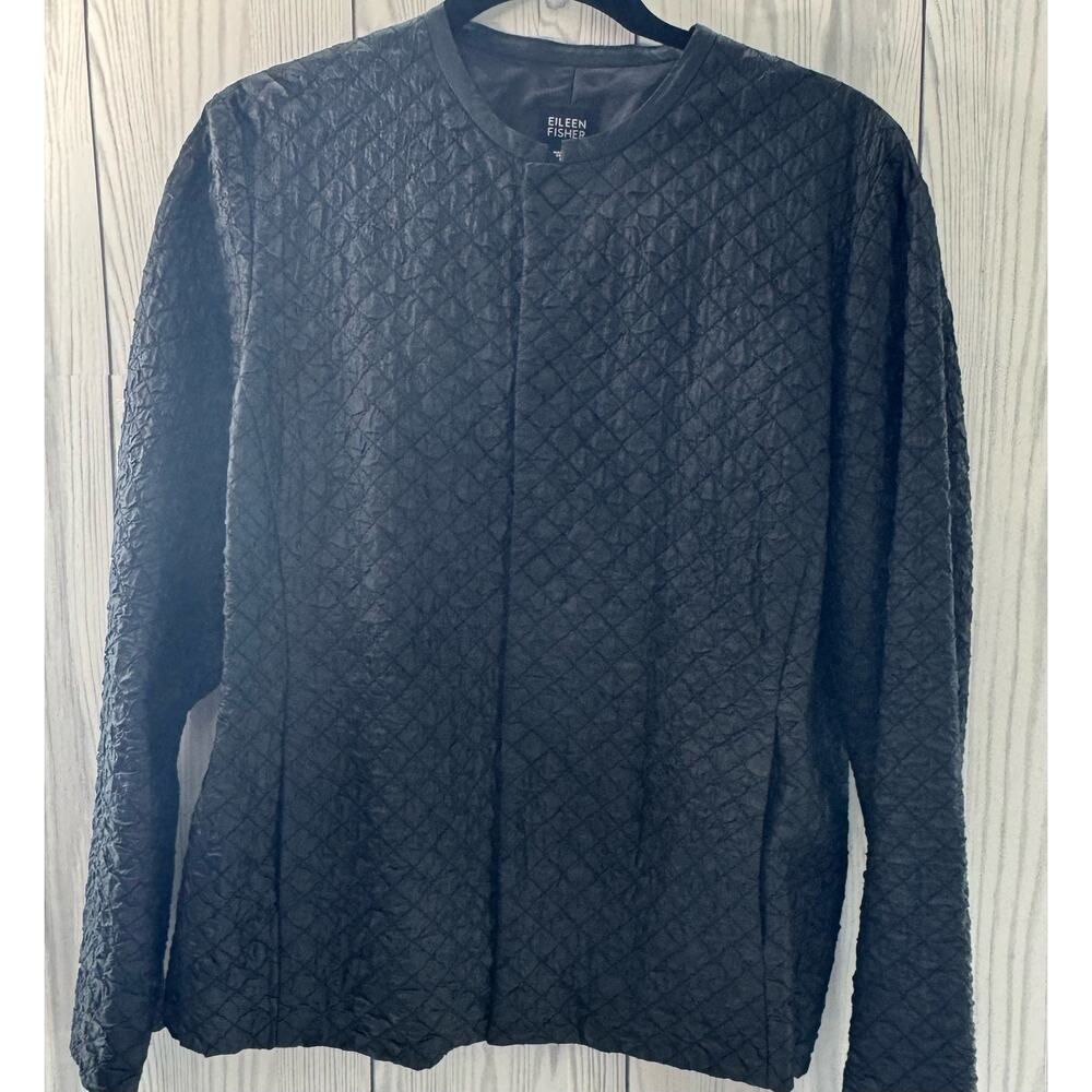 Eileen Fisher Black 100% Silk Textured Jacket Magnetic Closure Size Medium
